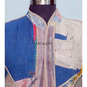 Nuevo Chaleco de Mujer Tejido a Mano en India, Multicolor, con Parches de Algodón, Estilo Kantha Vintage, Corto, Transpirable y Ecológico, con Botones - Product Image 3