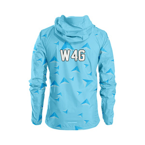 Veste coupe-vent à capuche bleu clair à imprimé géométrique pour homme, fermeture éclair sportive, logo personnalisé sur le devant, 100% polyester, vêtement décontracté de printemps - Product Image 2