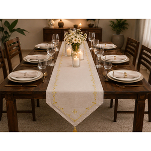 Chemin de table en lin de qualité supérieure avec broderie florale jaune élégante |   Chemin de table décoratif de luxe pour la maison, l'hôtel et les événements - Product Image 1