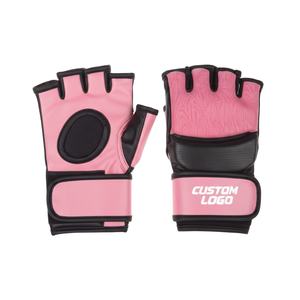 Gants d'entraînement MMA sans doigts avec logo personnalisé, en cuir PU rose et noir - Product Image 4