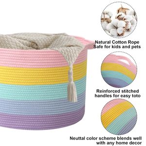 Colorful Cotton Rope <b>Storage</b> <b>Basket</b> Oval Multifunctional With Handles <b>Large</b> Capacity Blanket Laundry Hamper - Product Image 5