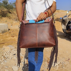 LW Western Stylish Real Tooled Aztec Leather Multi Color Fringe Sling Bag Hot Selling New Arrival Tooled Saddle <b>Blanket</b> Handbag - Product Image 3