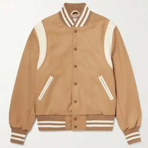 Men's Tan Eco-Friendly High Street Varsity Jacket Wool/Leather Blend Button Front Casual Winter Wear Regular Fit Solid Color - Product Image 5