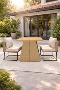 Wholesale Price Modern Rattan Dining Set Acacia <b>Table</b> 2 Chairs Light Cushion Steel Frame Waterproof Garden Furniture - Product Image 2