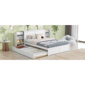 Letto matrimoniale imbottito con contenitore, ripiani estraibili e letto estraibile singolo XL, bianco, per camera da letto - Product Image 5