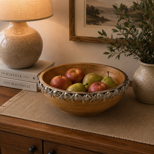 Tazón de servir de madera de mango artesanal de primera calidad con borde metálico decorativo de estrella de mar y conchas marinas, tazón decorativo para frutas y ensaladas en oferta. - Product Image 3