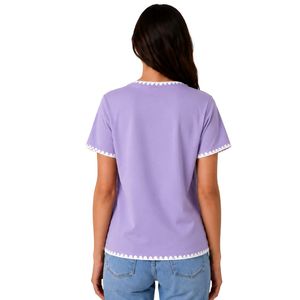 Camiseta de Mujer con Bordado Floral de Lavanda, Ribete en Contraste Blanco, Cuello Redondo, Manga Corta, Estilo Casual, OEM, ODM, Personalizable - Product Image 2