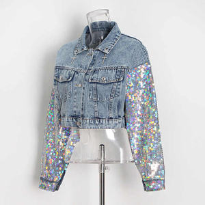 High Quality Women Clothing Fashion Washed Crop Denim <b>Jackets</b> <b>Sequins</b> Blue Denim <b>Jacket</b> Top Product - Product Image 3