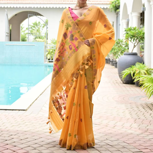 Sari en coton Chanderi doux avec bordure de pallu fleuri en tissage Resham, chemisier contrastant, séchage rapide, pour femmes, idéal pour les fêtes - Product Image 1