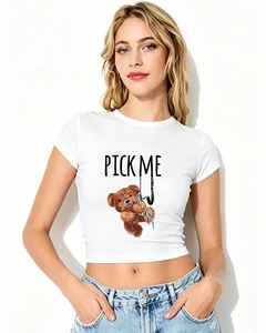 Camiseta Corta con Estampado Digital de Oso y Letras para Mujer, Cuello Redondo, Manga Corta, Algodón, Moda Casual, Blanca, Gris, Negra - Product Image 1