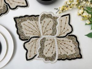Handmade <b>beaded</b> <b>placemat</b>, tablemat, 14 inch, white gold black charger - Product Image 1