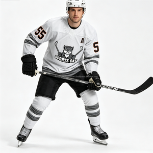 Maillot de hockey sur glace personnalisé blanc pour homme, col en V, manches longues, maille respirante, imprimé par sublimation, uniforme d'équipe Cat - Product Image 1