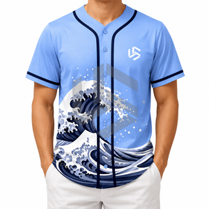 เสื้อเบสบอลแบบซับลิเมชั่นสั่งทำพิเศษสำหรับทุกเพศ สีฟ้าอ่อน ลายคลื่น ติดกระดุม แขนสั้น ระบายอากาศได้ดี ซับเหงื่อ ไซส์พลัส สำหรับทีม - Product Image 1