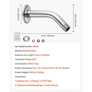 "6-Inch Wall-Mounted Stainless Steel <b>Shower</b> Head Arm Extender Chrome Finish PTFE Tape for G1/2 <b>Shower</b> Room <b>Accessories</b>" - Product Image 4
