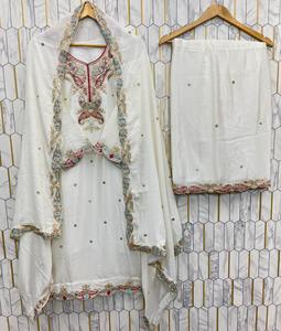 Indian White Chinon <b>Embroidered</b> Dupatta Set With Floral Pattern Traditional Indian Wedding <b>Shawl</b> Women's Ethnic Wear All Seasons - Product Image 2