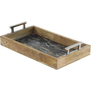 Premium Handcrafted Modern Wood Rectangle <b>Tray</b> Geometric Unique <b>Plant</b> Enamel Work Serving Table Decor Ramadan Craft India - Product Image 1