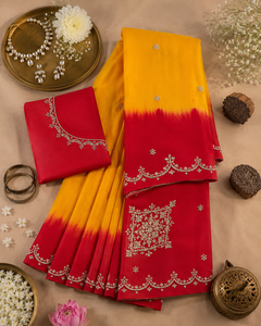 "Wholesale Indian Yellow <b>Red</b> Tie Dye Silk Organza <b>Saree</b> Hand Embroidered Bridal Wedding Wear Sari Partywear Women Clothing" - Product Image 5
