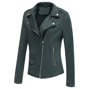 Blouson moto court en cuir véritable pour femme, manches longues, col montant, fermeture éclair, couleur unie, pour l'hiver, avec logo frontal - Product Image 1