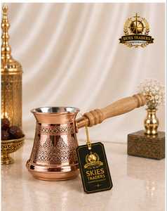 Multicolor Floral Printed Gold Finish <b>Turkish</b> Coffee <b>Pot</b> With Lid And Wooden Handle For Stovetop Brew - Product Image 5