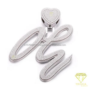 Moissanite Diamond Personalized Script <b>Letter</b> Pendant Sparkling Cursive Style With Heart Detail Luxury Statement Hip Hop Jewelry - Product Image 2