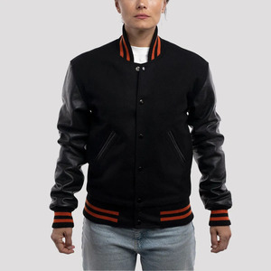 Blouson Bomber Varsity Premium pour Femme en Laine et Cuir – Corps en Laine, Manches en Cuir, Poignets Côtelés et Boutons-Pression - Product Image 1