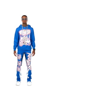 Ensemble de survêtements pour hommes à capuche en molleton épais 100% coton, imprimé, coupe ample, hiver, 2 pièces - Product Image 2