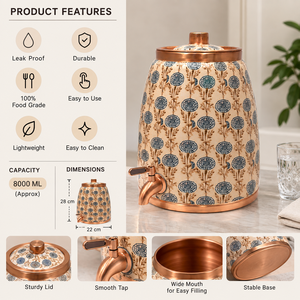 Decorative Copper <b>Water</b> <b>Dispenser</b> with Lid and Tap, Hammered Copper <b>Water</b> Storage Matka with Traditional Geometric Pattern, - Product Image 4