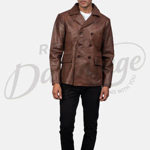 Manteau en cuir marron croisé pour homme, en véritable peau de mouton, col large classique, style décontracté et professionnel - Product Image 4