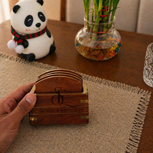 Handmade Wooden Coaster <b>Set</b> With Brass Trim Box. <b>Square</b> Shape Arch Design Premium Wholesale Tableware For Luxury Dining - Product Image 3