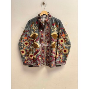 Handmade Embroidered Quilted Velvet Bomber Jacket Women's Winter <b>Coat</b> with Inside Cotton Lining Full Sleeve Two Side Pockets - Product Image 1