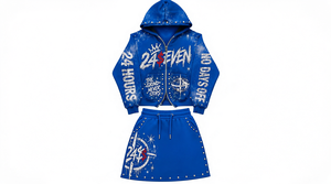 Conjunto de Sudadera con Capucha de 2 Piezas para Mujer, Color Rosa, con Detalles de Remaches, Estampado de Letras, Estilo Urbano, Falda por Encima de la Rodilla, Manga Larga con Cierre - Product Image 3