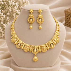 Floral Teardrop Necklace <b>Set</b> | 24K Gold Polish Copper Brass Jewelry | Traditional Wedding <b>Earrings</b> <b>Bracelet</b> Ring Combo <b>Set</b> Women - Product Image 1