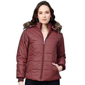 Women's Burgundy <b>Quilted</b> <b>Jacket</b> With Fur Trim Hood Full Sleeve Winter Coat Zipper Closure Standard Thickness - Product Image 1