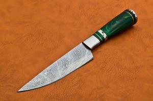 Cuchillo de caza de acero de Damasco con punta de gota, mango de madera verde y diseño de espiga completa - Product Image 5