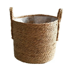 Pots de rangement au sol 24L en jonc de mer sculpté à la main, style rétro, fabriqués au Vietnam, avec poignées, tressés à la main, écologiques et durables - Product Image 1