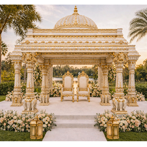 Magnifique Mandap de mariage de style dôme avec piliers en forme d'éléphant, Mandap moderne blanc et or en fibre, Mandap de style Grand Maharaja, USA - Product Image 1