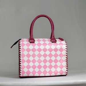 Pink <b>White</b> Diamond Pattern Leather Handbag With Cowhide Panel Zipper Closure Luxury Style - Product Image 2