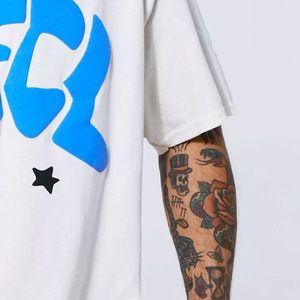 Men's White Short Sleeve <b>T</b>-<b>Shirt</b> With Blue Letter Print Regular Fit Casual Jersey Cotton O-Neck Design - Product Image 5