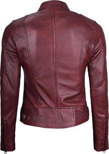 Blouson moto unisexe en jean rouge, col en V, demi-zip, coupe ajustée, longueur standard, style hiver, à capuche, doublure épaisse en fibre de bambou, vintage - Product Image 4