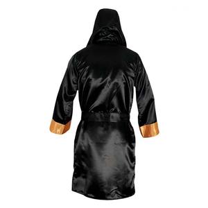 Robe de boxe à capuche en satin noir avec bordure dorée, tenue de combat confortable toutes saisons, équipement d'entraînement, fabricant MRI, robes de boxe - Product Image 2