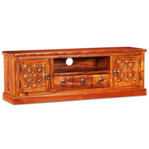 Meuble TV en bois d'acacia naturel massif avec accents en cuivre - Product Image 1