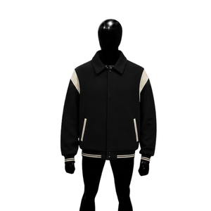 Chaqueta Varsity Negra y Crema para Hombre, Estilo Clásico Bomber de Béisbol, con Aspecto de Lana, Cierre Frontal con Cremallera, Ropa Casual de Calle, Prenda Exterior de Moda - Product Image 1