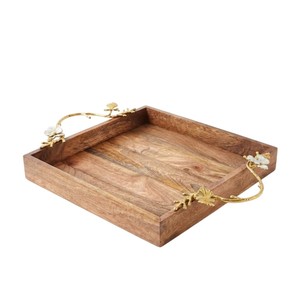 Rectangular Wood Serving Tray With Handles Gold Olive Branch Design Decorative Wooden Tray For <b>Coffee</b> <b>Table</b> Restaurant Tableware - Product Image 3