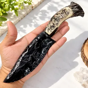 10 Zoll Handgefertigtes Schwarzes Obsidian-Messer mit Geweihartigem Harzgriff Viking-Dekor - Product Image 1