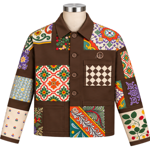 Chaqueta de Trabajo Personalizada con Mosaico Marrón, Parches Florales Multicolores, Estampado, Cierre de Botones, Estilo Casual Urbano, con Bolsillos Funcionales - Product Image 1