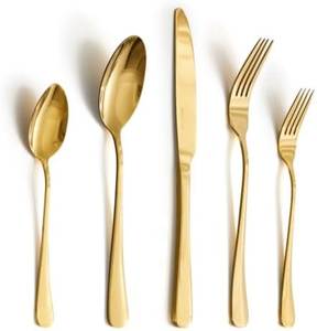 Juego de cubiertos de metal con acabado dorado de 5 piezas, cuchara, tenedor, cuchillo, vajilla, decoración de mesa, ideal para uso doméstico y hotelero, éxito de ventas. - Product Image 1