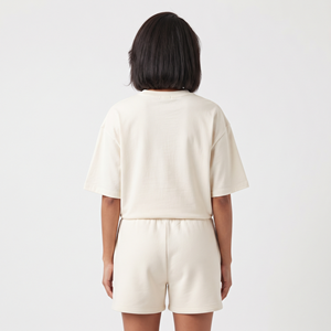 Ensemble deux pièces pour femme 2026 : T-shirt oversize à épaules dénudées et short à motif uni, taille élastique, 100 % coton - Product Image 6