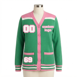<b>Custom</b> Pink Green Umri Sports Cardigan Women Knit Button Sweater Chenille Logo Greek Apparel Long Sleeve Stylish Fit Contrast - Product Image 4
