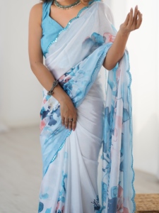 Sari indien traditionnel style été, imprimé floral, en chinnon lourd avec travail de miroir, pour femmes, tenue de soirée - Product Image 6