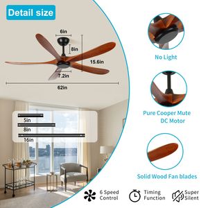 Ventilatore da soffitto in legno a basso profilo da 62 pollici con telecomando, motore DC silenzioso e reversibile, senza luce, funzione reversibile - Product Image 2
